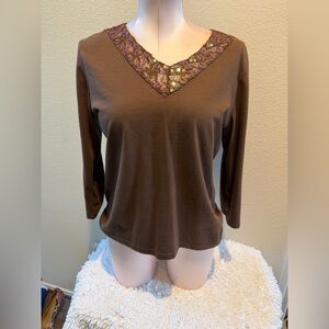 Jason Maxwell Brown Embellished V-Neck Long Sleeve Top
